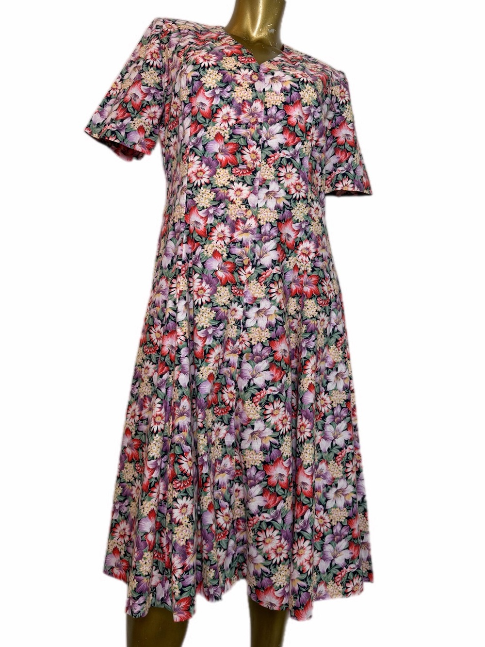 Custom Vintage Floral Midi Dress Button Front Fit & Flare Garden Print bust 41”